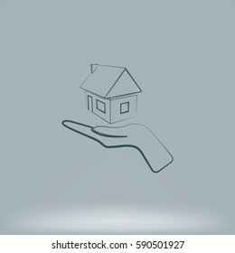 Home on the hand outline vector icon