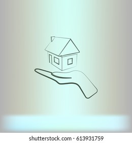 Home on the hand outline vector icon