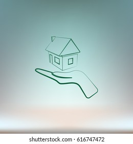 Home on the hand outline vector icon