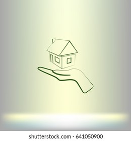 Home on the hand outline vector icon