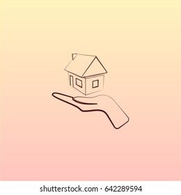 Home on the hand outline vector icon