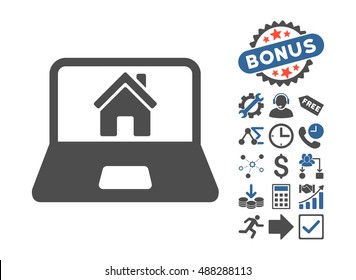 Home on Laptop Screen icon with bonus pictures. Vector illustration style is flat iconic bicolor symbols, cobalt and gray colors, white background.