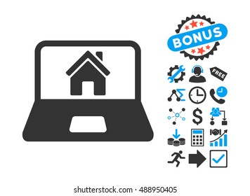 Home on Laptop Screen pictograph with bonus pictogram. Vector illustration style is flat iconic bicolor symbols, blue and gray colors, white background.
