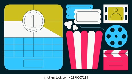 Home online cinema vector illustration. Domestic movie theater with laptop pc, popcorn and tickets. Image on computer display remote watch movies internet application. Digital entertainment concept.