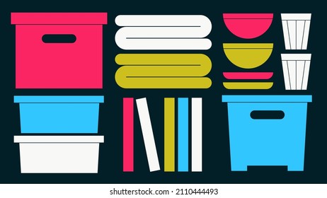 Home organisation vector illustration. Different boxes with folded clothes, plates, bows, glasses and books. Home storage and packing things concept. Simple colourful cartoon flat design.