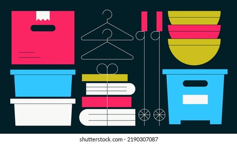 Home organisation vector illustration. Different boxes with stack of books, hungers, bows and ski poles. Home storage and packing things concept. Simple colourful cartoon flat design.