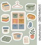 Home organization stickers set pastel flat illustration on muted sage background. Minimal storage and decluttering icon collection with shelf, boxes, basket, hanger, folded towels, keys, hook, potted plant, and labels for home organization, planner stickers, printable, and clipart design.