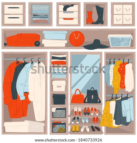 Home organization and storage of clothes and accessories. Wardrobe with clothing, boots and shoes, bags and luggage for traveling. Assortment of outfits and apparel, mirror an shelves vector