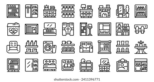 Home organizing icons set outline vector. Woman closet. Door hanger space
