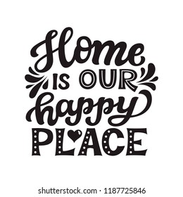 Home is our happy place.Hand drawn lettering quote. Vector typography for prints, home, kids room decor, housewarming