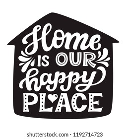 Home is our happy place.Hand drawn lettering quote. Vector typography for prints, home, kids room decor, housewarming