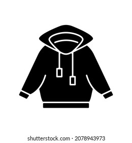 Home outfit with hoodie black glyph icon. Hooded jacket. Sporty outfit. Unisex sportswear. Comfortable homewear and sleepwear. Silhouette symbol on white space. Vector isolated illustration