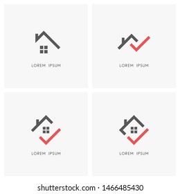 Home outline logo set. House roof with chimney and window and red check mark or tick symbol - real estate, realty and property icons.