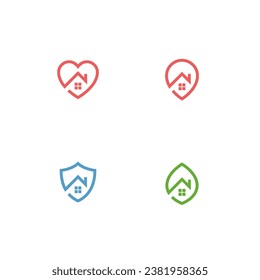 Home outline logo set - house with window, heart, address, shield and green leaf symbol