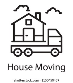 
Home over a moving pickup van showcasing home delivery concept 
