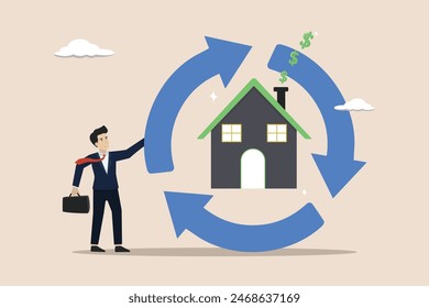 Home owner exchange for regular payment, real estate for banking payment concept, businessman with reverse mortgage house produce dollar money signs.