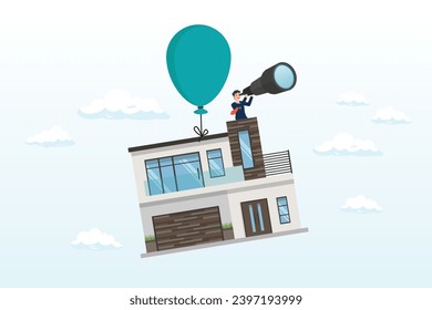 Home owner with telescope on flying house with balloon, house mortgage interest rate rising up, home loan impact from inflation, real estate price bubble or housing investment opportunity (Vector)