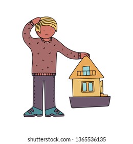 Home owner thinking of the house. Proprietorship decisions illustration.