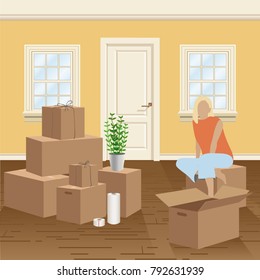 Home packing and moving illustration. Domestic goods and furniture with cardboard boxes, packing twine and stretch wrap. Vector illustration isolated on white background