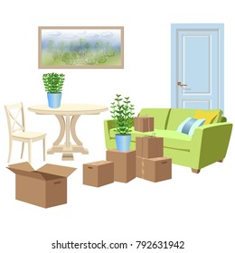 Home packing and moving illustration. Domestic goods and furniture with cardboard boxes, packing twine and stretch wrap. Vector illustration isolated on white background