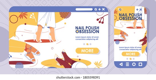 Home page banner for cross platform devices. Vector concept illustration about shoes and pedicure. Female feet in beautiful poses. Vibrant colors 