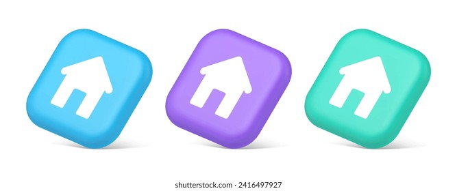 Startseite Schaltfläche Haus Web Symbol Cyberspace Anwendung Schnittstelle 3d realistische blaue violette und grüne Symbole. Homepage-Browser-Adresse für Internetkommunikationsplattform