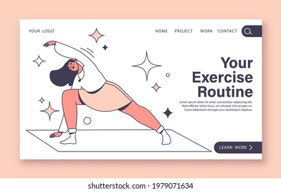 Home page concept, landing, website design. Sport, workout at home or in gym, morning exercises, gymnastics, fitness. Female character in modern flat design with line art elements, bends and crouches.