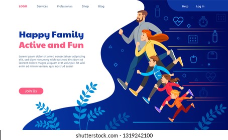 Home page site banner. Exercise people modern illustration. Big family jogging. Illustration slide for website about sports, running and healthy lifestyle. Running sports. Concept of friendly family