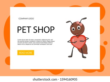 Home page Valentine's Day template with cute ant. Cartoon style. Vector illustration