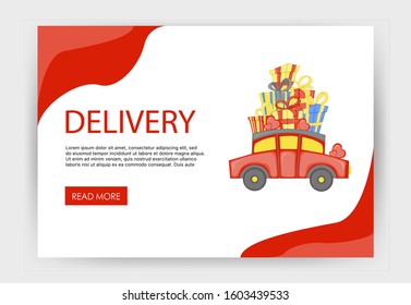 Home page Valentine's Day template with car. Cartoon style. Vector illustration