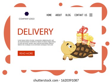Home page Valentine's Day template with cute turtle. Cartoon style. Vector illustration