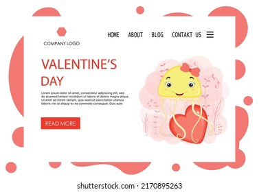 Home page Valentine's Day template with cute jellyfish. Cartoon style. Vector illustration
