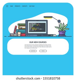 Home page for website with courses. Education site landing page. Laptop and pile of books with lamp on table. Online education and courses. Template for banner or site.