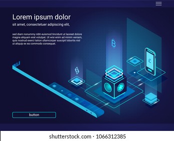 Página de inicio de un sitio web con criptodivisa y composición isométrica de la cadena de bloqueo. Teléfono inteligente, chips de ordenador, efectos de iluminación. Ilustración del vector