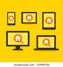 Home page website on different devices. Responsive mobile web design on computer screen, smartphone, tablet and laptop. Landing page icon set.