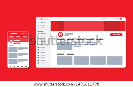Home page of youtube profile. Vlog channel interface. Video player template. UI blog webpage. Responsive mobile and desktop social media screen. Vector Illustration mock up.