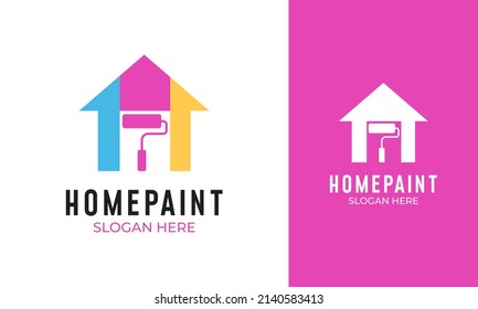 Home paint logo design. House renovation with a colorful concept. Roller brush icon for handyman