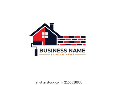 Home Painting Logo With Home Paint Brush Construction Red And Black Color Home Repair Logo