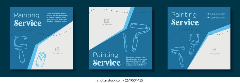 Home painting service social media post, banner set, paint brush and roller advertisement concept, house renovation marketing square ad, abstract print, isolated on background.