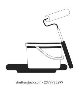 Home painting tools black and white 2D line cartoon object. Paint bucket with roller. Painting supplies isolated vector outline item. Renovation. Construction site monochromatic flat spot illustration