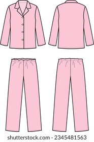 Home pajamas flat sketch. Jacket and pants apparel design. Front and back. Women CAD mockup. Fashion technical drawing template. Vector illustration.