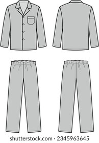 Home pajamas flat sketch. Jacket and pants apparel design. Front and back. Men CAD mockup. Fashion technical drawing template. Vector illustration.