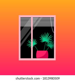 home palm tree in the window with blinds