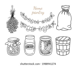 Home pantry doodle set. Preserved food, glass jar of jam, canned honey and pickles, wooden bucket, burlap canvas sack, dried lavender and mushrooms on the rope. Vector elements isolated, coloring page