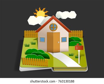 Home Paper Cut Pop Up Design Concept. Living With Happy Family In Home. Storytelling By Book. Basic House Idea.