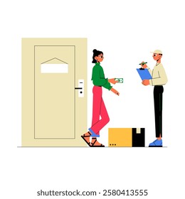 Home Parcel Delivery With Courier Handing Package To Customer In Flat Vector Illustration Symbolizing E Commerce, Logistics, Shipping, And Home Delivery Service, Isolated On White Background