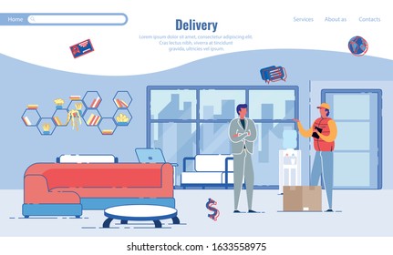 Home Parcel Mail Delivery Transportation Logistic Fast and Reliable Service Business Landing Page. Cartoon Man Courier and Customer in Living Room Flat Design. Payment for Order. Vector Illustration