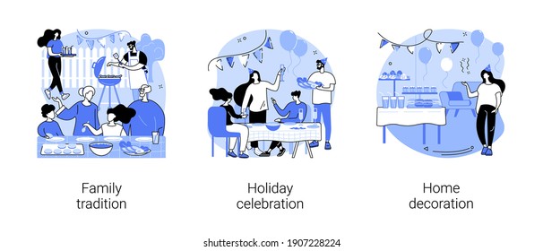 Home party abstract concept vector illustration set. Family tradition, holiday celebration, home decoration, family reunion, having fun together, festive dinner, gathering abstract metaphor.