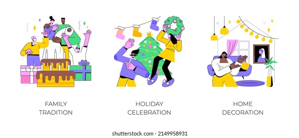 Home party abstract concept vector illustration set. Family tradition, holiday celebration, home decoration, family reunion, having fun together, festive dinner, gathering abstract metaphor.