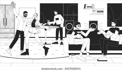 Home party black and white line illustration. Having fun together. Friends celebrating festive event 2D characters monochrome background. Holiday with multiracial guests outline scene vector image